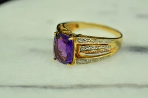 10K Gelbgold Kissenschliff Amethyst Solitär Ring Band mit Diamanten Größe 6,75 - Bild 1 von 9
