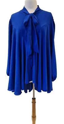 Italian Bow Tie Blouse blue oversized long sleeve button dip hem One Size 12-18 - Image 1 of 4