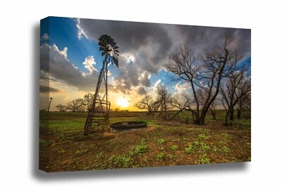 Windmill Canvas: Kansas Prairie Sunset Great Plains Farm Country Rural Wall Art - Image 1 of 4
