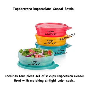 Tupperware NEW 4-Pc Impressions Cereal Bowls 2-cups W/ Airtight Seals - Picture 1 of 3