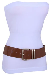 Cintura ancha marrón de cuero sintético moda cinturón hebilla de metal dorado M L XL - Imagen 1 de 12