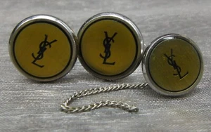 Yves Saint Laurent YSL Plata Amarillo Esmalte Conjunto de Gemelos Clip Corbata C&T05 - Imagen 1 de 4