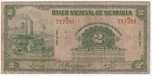 Nicaragua 2 Cordobas Banknote Series 1945 Choice Very Good-Very Good Pick#93-B - Picture 1 of 2