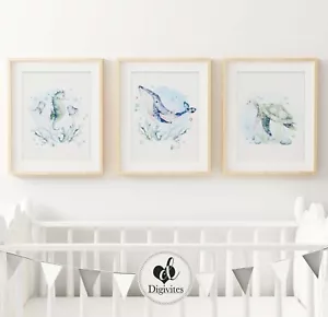 Boy, Girl Nursery Wall Art Prints Ocean Seahorse, Whale, Turtle, 3 set print - Picture 1 of 1