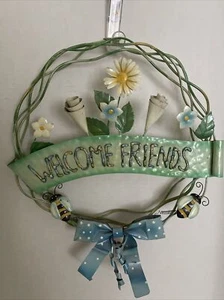 Metal Welcome Sign Decorative Door Wire Wreath Hanging Flowers Bees Bow 15x13” - Picture 1 of 12
