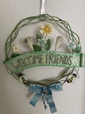Metal Welcome Sign Decorative Door Wire Wreath Hanging Flowers Bees Bow 15x13” - Image 1 of 4