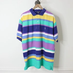 Vintage 90’s Nautica Men’s Multi Colored Vaporwave Striped Polo Shirt Size Large - Picture 1 of 6