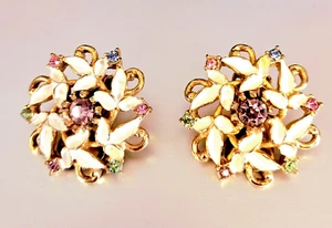 Vintage ART Arthur Pfeffer Blume Ohrringe Emaille Pastellfarben Strass Clip On - Bild 1 von 23