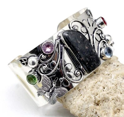 925 Sterling Silver Onyx & Pink Topaz Gemstone Jewelry Cuff Bracelet S-ADJ" - Image 1 of 4