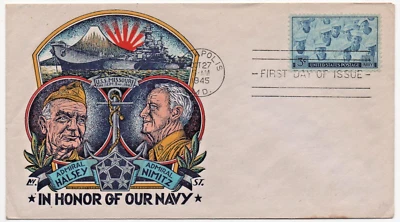 US FDC # 935 PATRIOTIC WORLD WAR II 1945 NAVY STAEHLE HALSEY/NIMITZ USS MISSOURI - Image 1 of 2