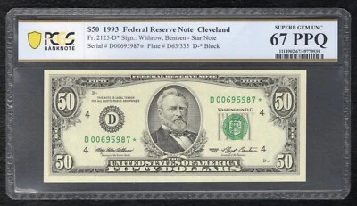 FR 2125-D* 1993 $50 *STAR* FRN CLEVELAND, OH PCGS BANKNOTE GEM UNC-67PPQ (B) - Image 1 of 2