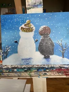 9/12 Inches Original Painted On Canvas,abstract,winter Forest,snowman - Picture 1 of 8