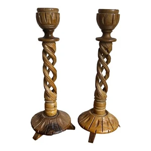 Hand-Carved Olive Wood Candlestick Holders Pair 11” Tall Spiral Blond Beige - Picture 1 of 9