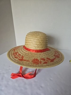 Sombrero de sol de paja vintage para mujer con corbata de ala ancha y detalles florales naranjas Foto 1 de 4