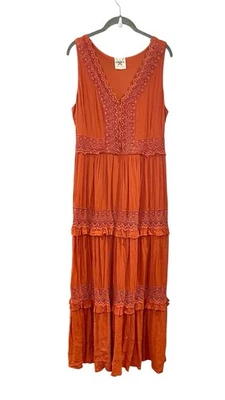 Maxi Vestido Algodón Centeno Naranja Óxido Cottage Core Niveles Floral Calado Pradera M Foto 1 de 4