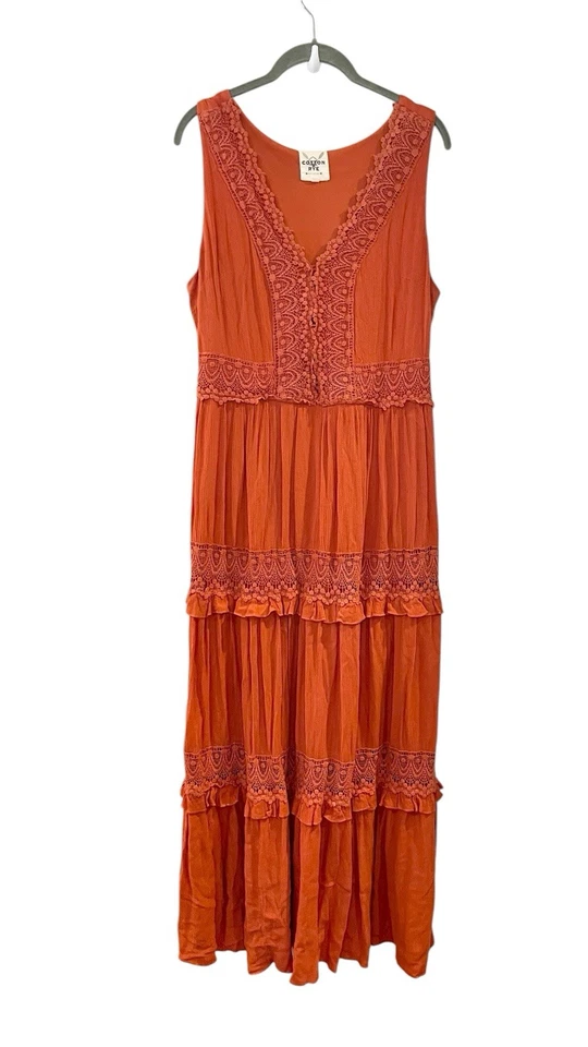 Maxi Vestido Algodón Centeno Naranja Óxido Cottage Core Niveles Floral Calado Pradera M Foto 1 de 4