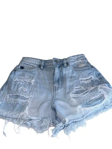 Pantalones cortos KanCan para mujer tiro alto destruidos desgastados mamá talla S lavado claro dobladillo crudo - Imagen 1 de 9
