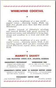 1960s ATLANTA Georgia Postcard MAMMY'S SHANTY RESTAURANT "Whirlwind Cocktail" - Picture 1 of 2