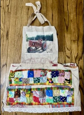 "Delantal de granja hecho a mano vintage estampado de tractor retazos edredón bolsillos 31"" x 26""" Foto 1 de 4