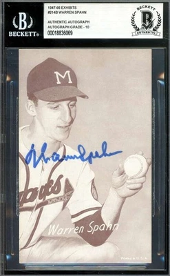Warren Spahn Gem Mint 10 Beckett BAS Signed 1947-66 Exhibit Postcard Rookie Auto - Image 1 of 2