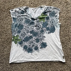 Woolrich Cotton Top Womens sz L Short Sleeve Tee White Cream Floral Large - Picture 1 of 22