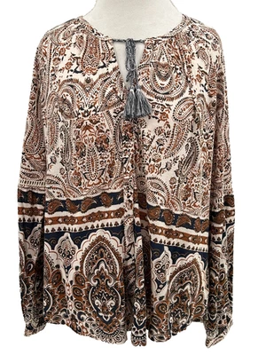 Camisa para mujer LUCKY BRAND Boho campesina cachemira cuello atado L/S azul marino y marrón Foto 1 de 4