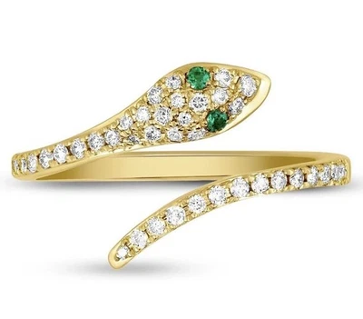 0.15CT Diamond Snake Ring Emerald Eye Serpent 14K Yellow Gold Natural Diamond - Image 1 of 4