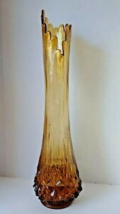 Vintage 24" LE Smith Glass Stretch Floor Vase MCM Century Amber Diamond Point