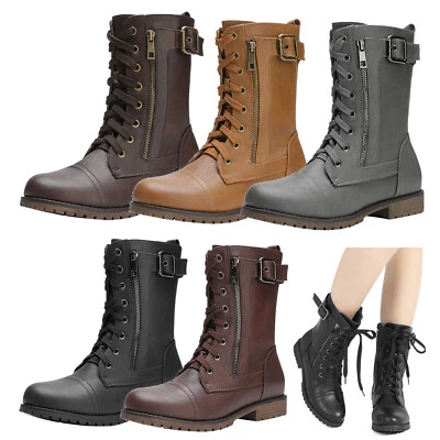 Women Winter Lace Up Military Combat Mid Calf Boots Shoes Size US - Image 1 of 2