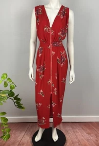 Florence Size 14 Maxi Dress Front Zip Red Floral Pleated Pockets V Neck Women - Bild 1 von 13