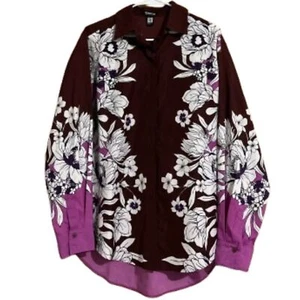 Express Women’s Burgundy Multi Floral Print Boyfriend Portofino Fit Shirt Sz-S/M - Picture 1 of 7