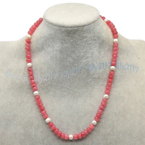 Faceted Pink Rhodochrosite 5x8mm Rondelle Gems Beads 7-8mm White Pearl Necklace - Picture 1 of 18
