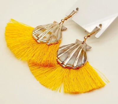 BOHEMIAN STYLE  SHELL SHAPE YELLOW TASSEL COLORS FRINGE FASHION DANGLE EARRINGS - Image 1 of 3