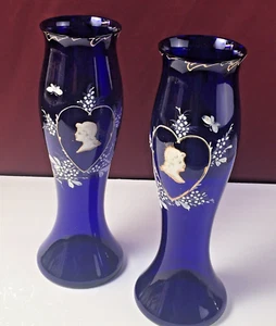 Cobalt Blue Hand Painted Vases 13" Tall Cameo Floral Design Set of 2 - Picture 1 of 12