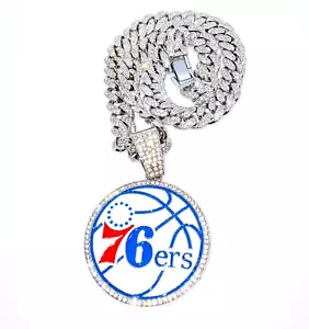 PHILADELPHIA 76ERS GEM NECKLACE Silver Hip Hop NBA Bling Pendant & 20" Chain - Picture 1 of 4