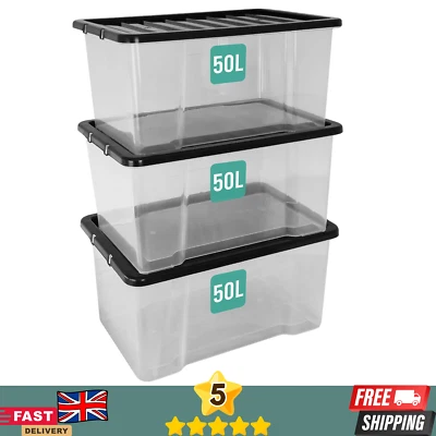 50L Clear Plastic Boxes with Lids Plastic Storage Box Heavy Duty with hinged lid - Image 1 of 4
