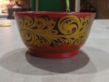 Handmade Russian USSR Lacquerware Wood Bowl 2x4.5" Black Red Gold Flowers Leaves