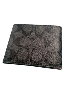 Cartera de identificación compacta Coach 3 en 1 para hombre firma lona cuero forro naranja - Imagen 1 de 8