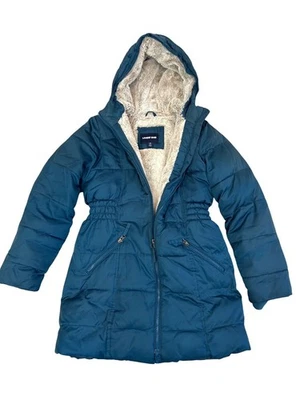 Lands’ End Girls’ Puffer Coat 10-12 Teal Blue Green Hooded Faux Fur Lining Midi - Image 1 of 4