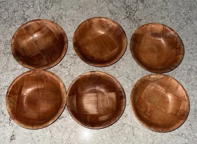 6 sopas de ensalada de madera tejidas de parquet vintage de 6 en cuencos de mediados de siglo modernas Foto 1 de 4