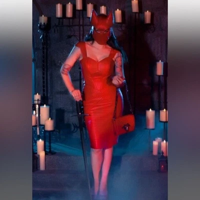 La Femme En Noir Dracula Armor Bustier Top & Skirt SET w/ MASK Red Vegan Leather - Image 1 of 4