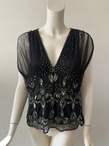 Blusa Top Marina Negra Verde Con Cuentas Lentejuelas Cuello en V Poliéster Noche Malla L - Imagen 1 de 5