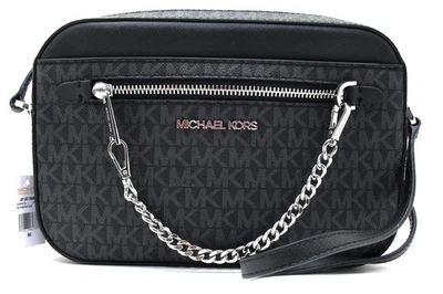 NEW Auth. MICHAEL KORS JET SET LG EW Top Zip Chain MK Signature Crossbody Black - Image 1 of 4
