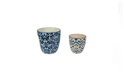Conjunto de 2 mini vasos de cerâmica azul e branca design geométrico - Imagem 1 de 2