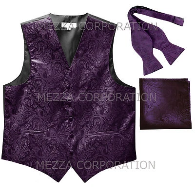 New Men's dark purple paisley pattern tuxedo vest_self tie bow tie & hankie set  - Image 1 of 4