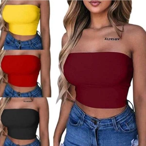 Trägerloses Shirt Schlauchbluse Bandeau Tops elastisch Damen Schulter-BH kurzes Oberteil - Bild 1 von 22