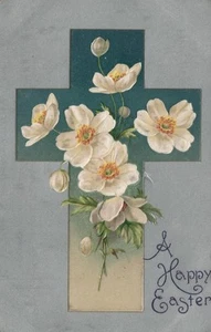 ANTIQUE Embossed Happy Easter White Roses on Christian Cross POSTCARD - UNUSED - Picture 1 of 2