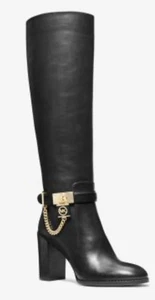 Michael Kors Hamilton Boots Black Leather Logo Knee High 6 M VG - Picture 1 of 13