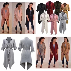 Damen Frauen Turn Up Ärmel Gürtel Wasserfall Staubmantel Blazer Mantel Jacke-8-24 - Bild 1 von 33
