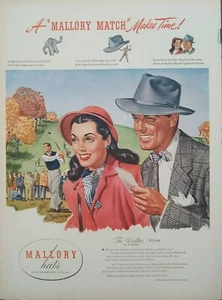 Pubblicità stampa cappelli Mallory 1946 vintage, cappelli del secondo dopoguerra - Foto 1 di 1